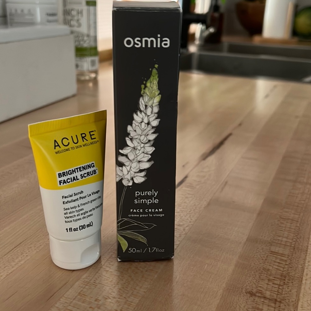 Osmia purely simple face cream/moisturizer. ACURE brightening facial scrub.